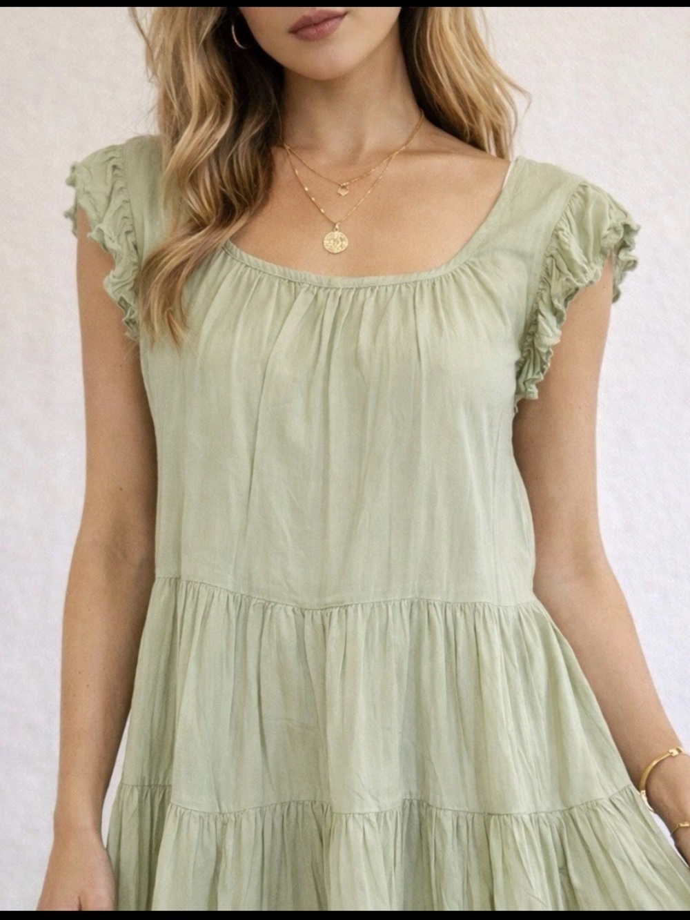 Aritzia Wilfred Sidonie Mini Dress Sage Green Tiered Ruffle Sleeve Boho Hippie